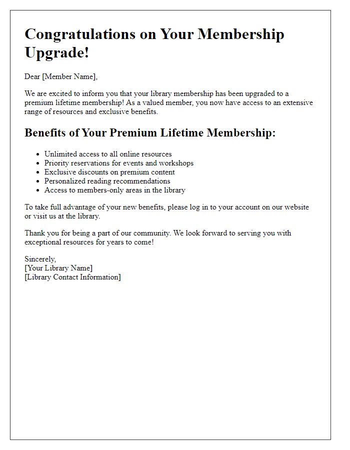 Letter template of premium library lifetime membership upgrade