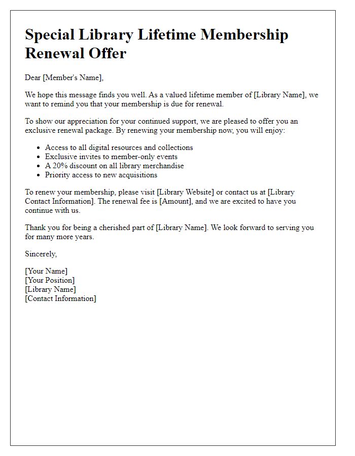 Letter template of special library lifetime membership renewal offer