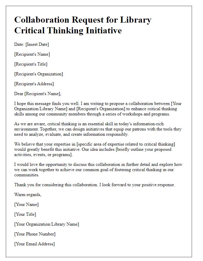 Letter template of collaboration request for library critical thinking initiative