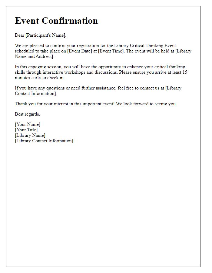 Letter template of confirmation for library critical thinking event