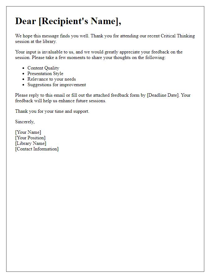 Letter template of feedback request for library critical thinking session