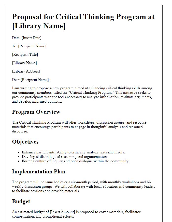 Letter template of proposal for library critical thinking program