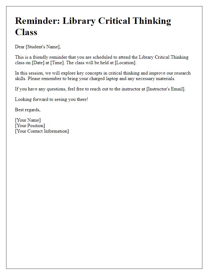 Letter template of reminder for library critical thinking class