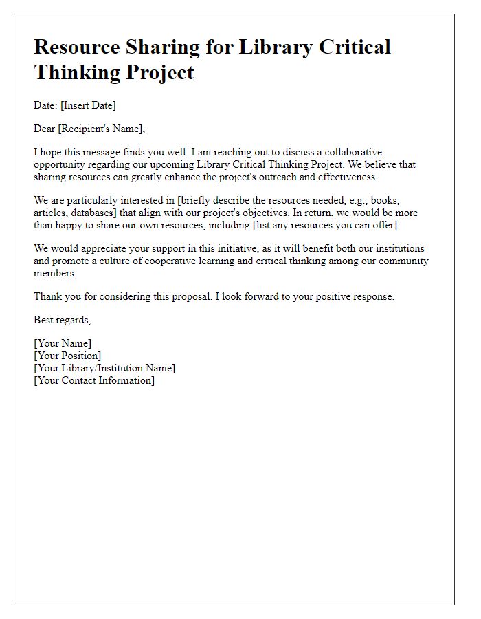 Letter template of resource sharing for library critical thinking project