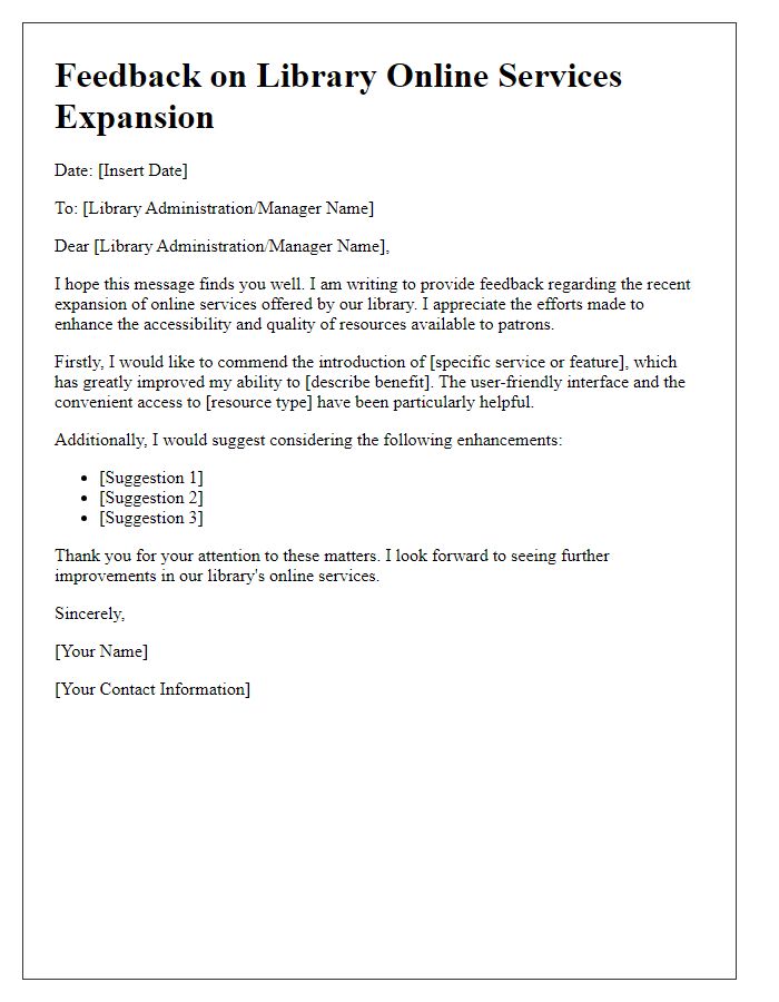 Letter template of feedback for library online services expansion