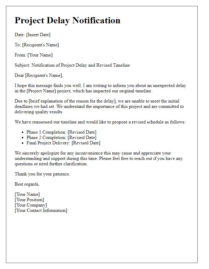 Letter template of project delay notification with revised timeline.