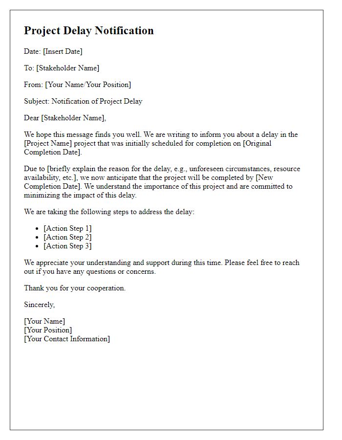 Letter template of project delay notification to stakeholders.