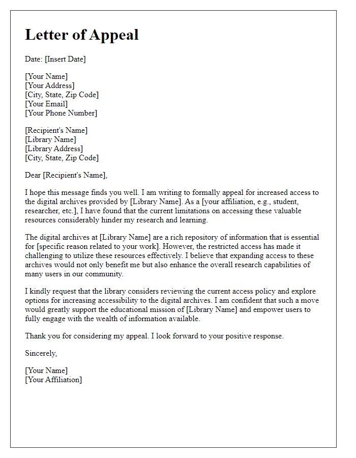 Letter template of appeal for increased access to library digital archives