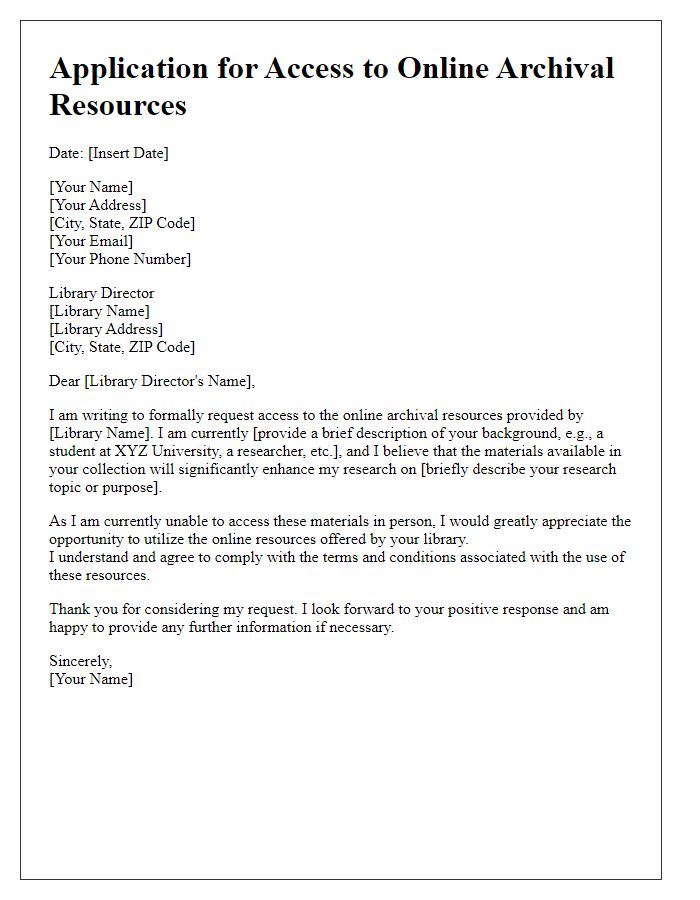 Letter template of application for online archival resources from the library