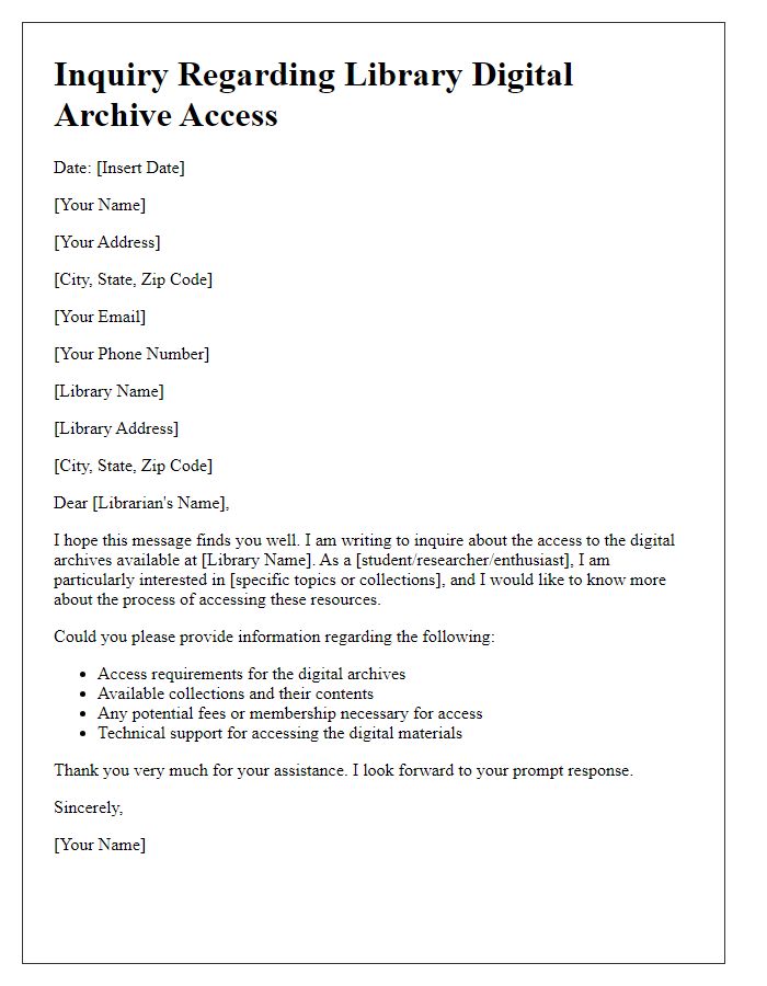 Letter template of inquiry regarding library digital archive access