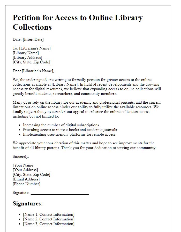 Letter template of petition for library online collection access