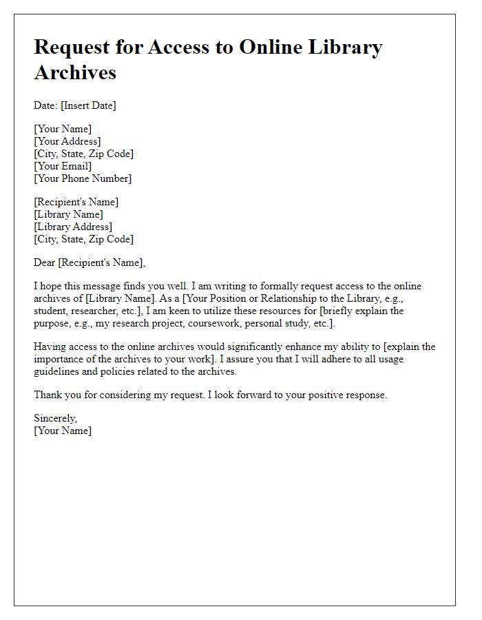 Letter template of request for access to online library archives