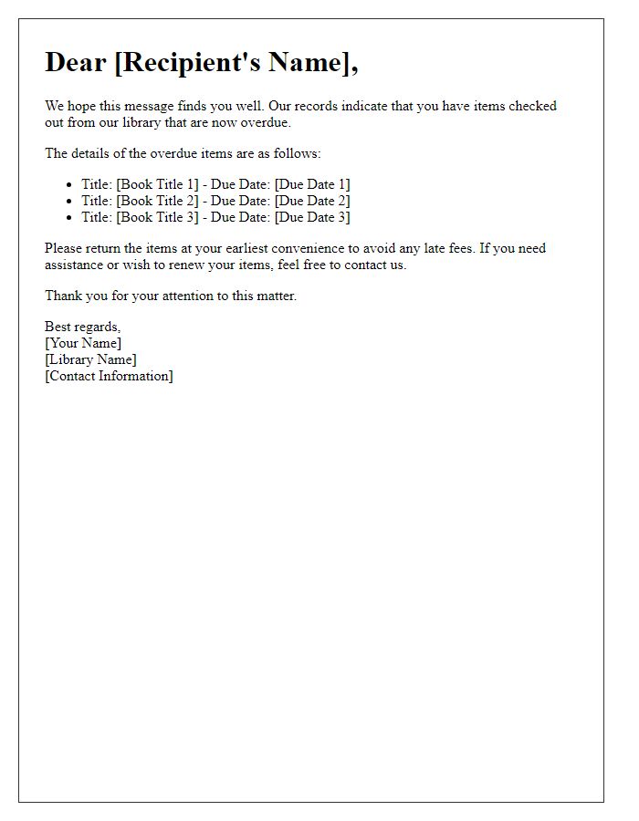 Letter template of overdue library items follow-up