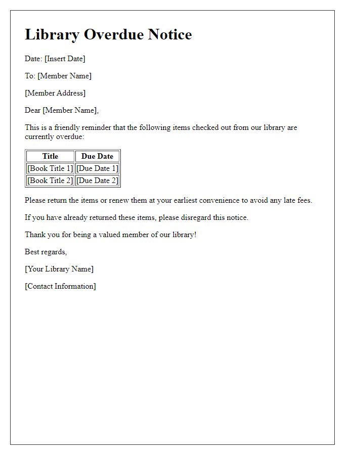 Letter template of overdue notice for library loans