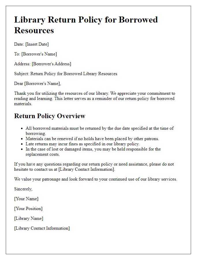 Letter template of return policy for borrowed library resources