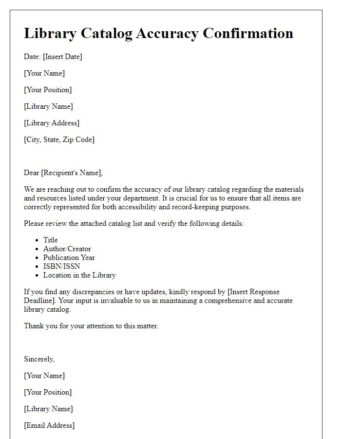 Letter template of library catalog accuracy confirmation