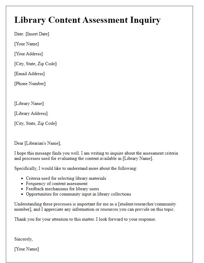 Letter template of library content assessment inquiry