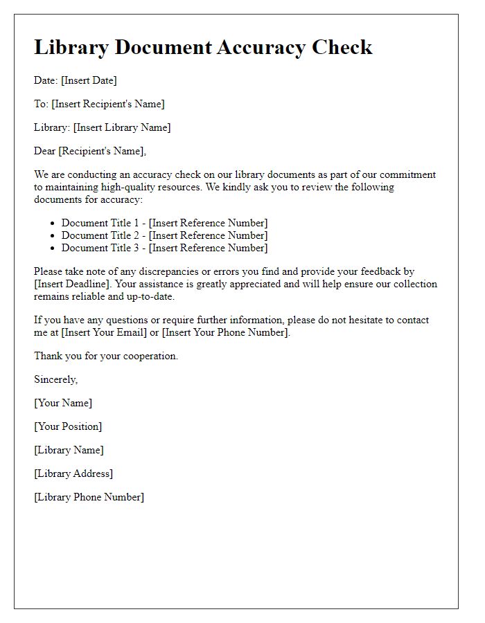 Letter template of library document accuracy check