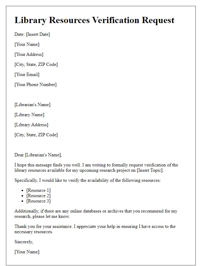 Letter template of library resources verification request