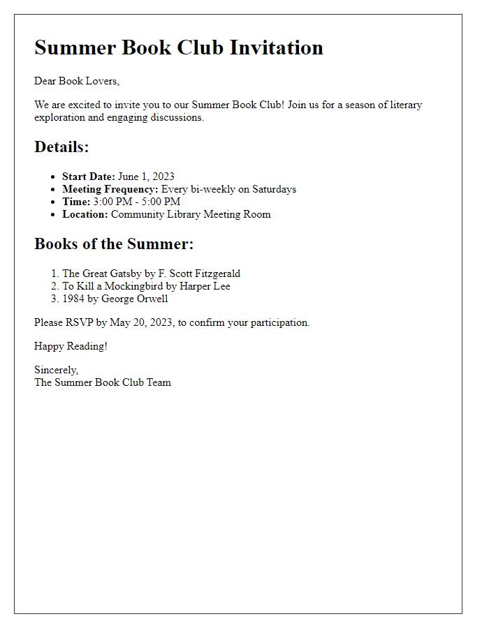 Letter template of summer book club details.