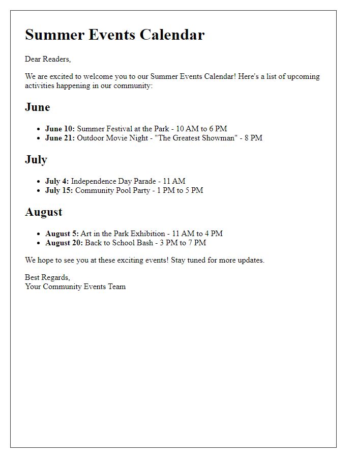 Letter template of summer events calendar for readers.