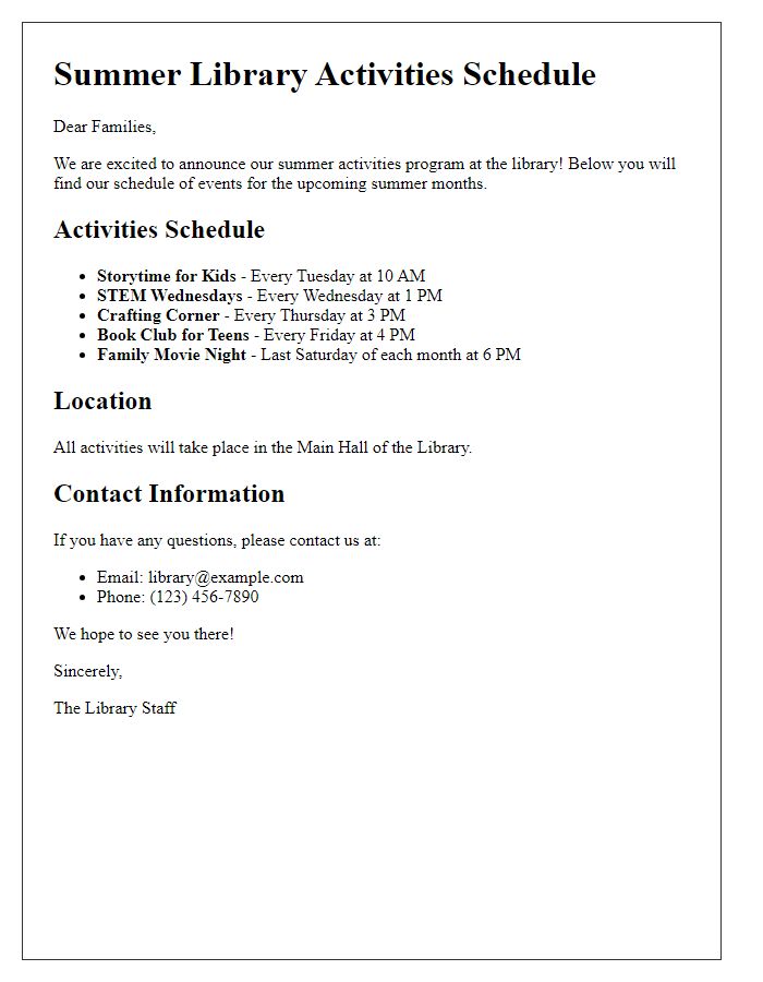 Letter template of summer library activities schedule.