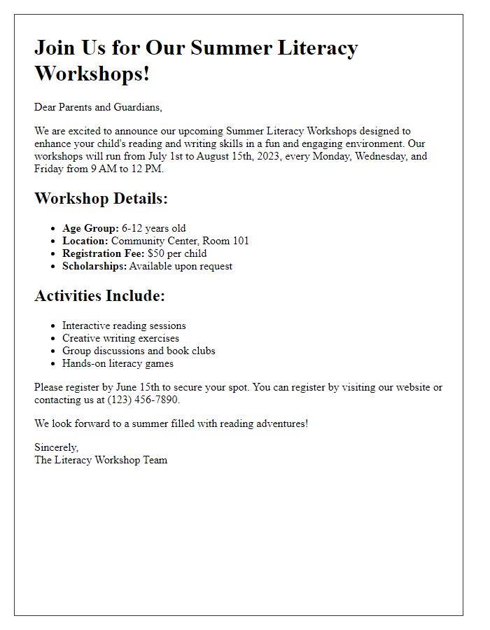 Letter template of summer literacy workshops.