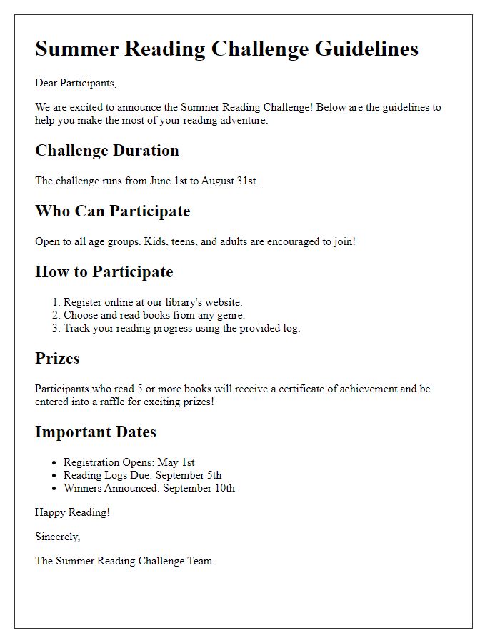 Letter template of summer reading challenge guidelines.