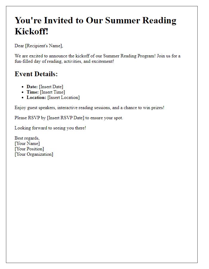 Letter template of summer reading kickoff invitation.