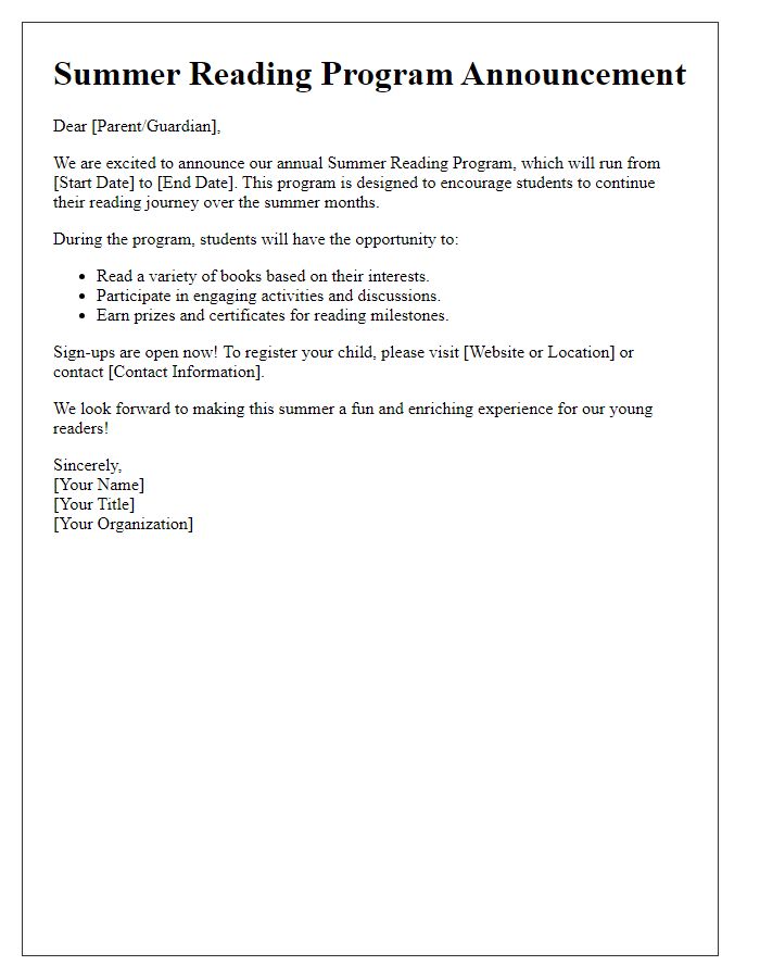 Letter template of summer reading program announcement.