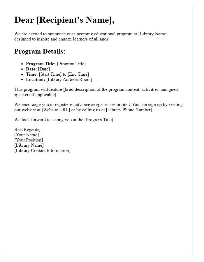 Letter template of library educational program announcement