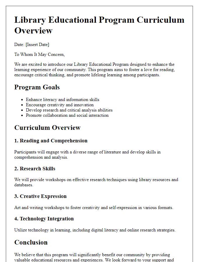 Letter template of library educational program curriculum overview