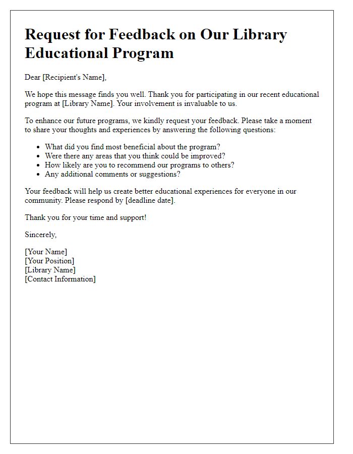 Letter template of library educational program feedback request