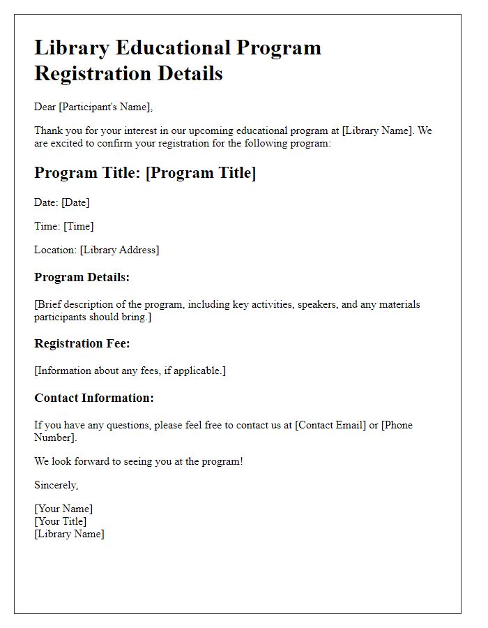 Letter template of library educational program registration details