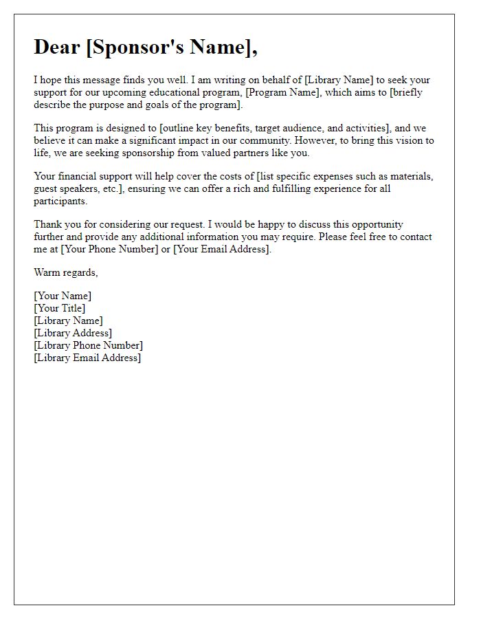 Letter template of library educational program sponsorship appeal