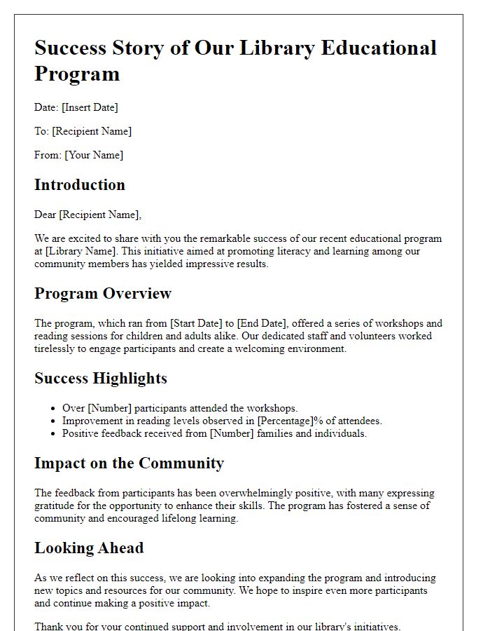 Letter template of library educational program success stories