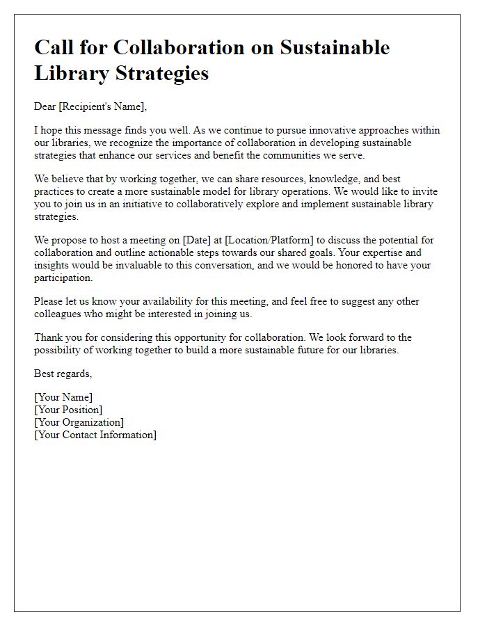 Letter template of call for collaboration on sustainable library strategies.