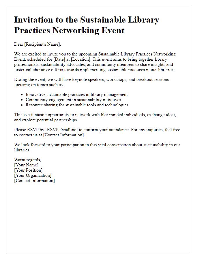 Letter template of engagement for a sustainable library practices networking event.