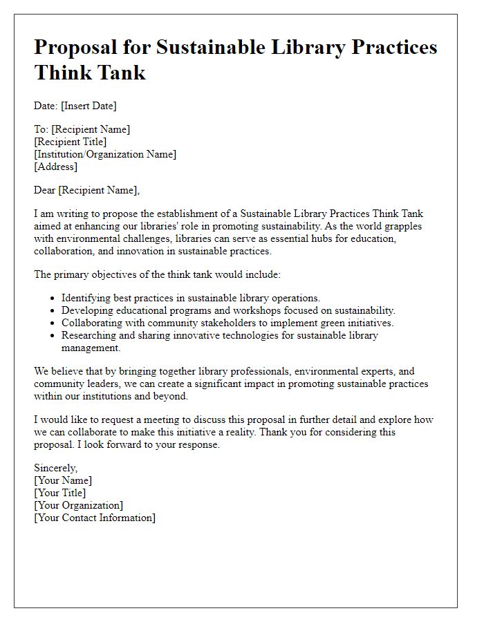 Letter template of proposal for a sustainable library practices think tank.