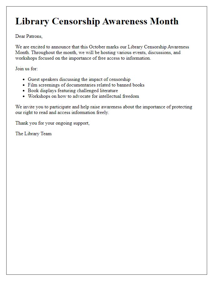 Letter template of announcement for library censorship awareness month