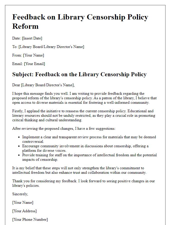 Letter template of feedback for library censorship policy reform