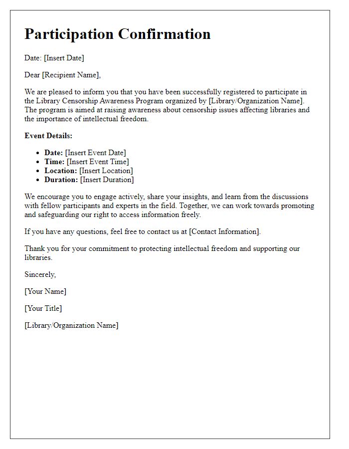 Letter template of participation in library censorship awareness program