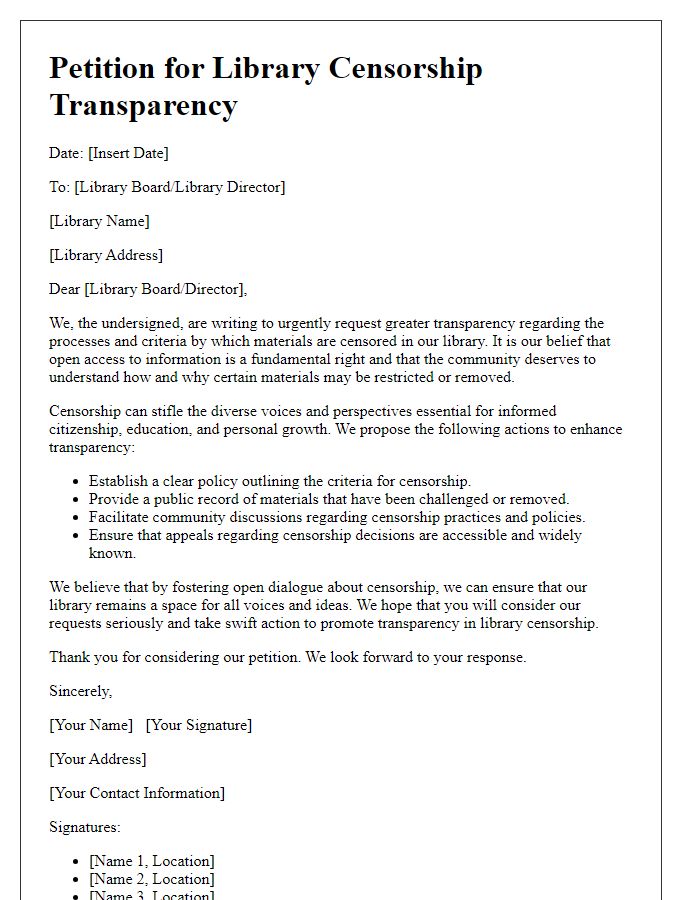 Letter template of petition for library censorship transparency