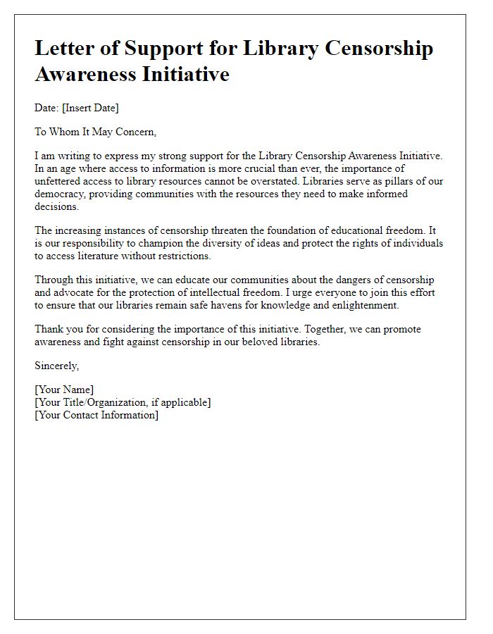 Letter template of support for library censorship awareness initiative