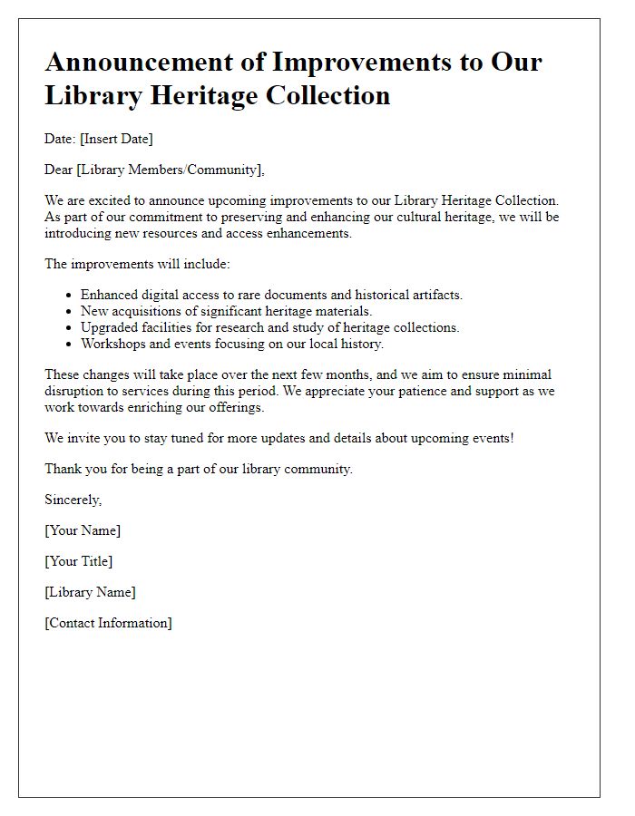 Letter template of library heritage collection improvements announcement