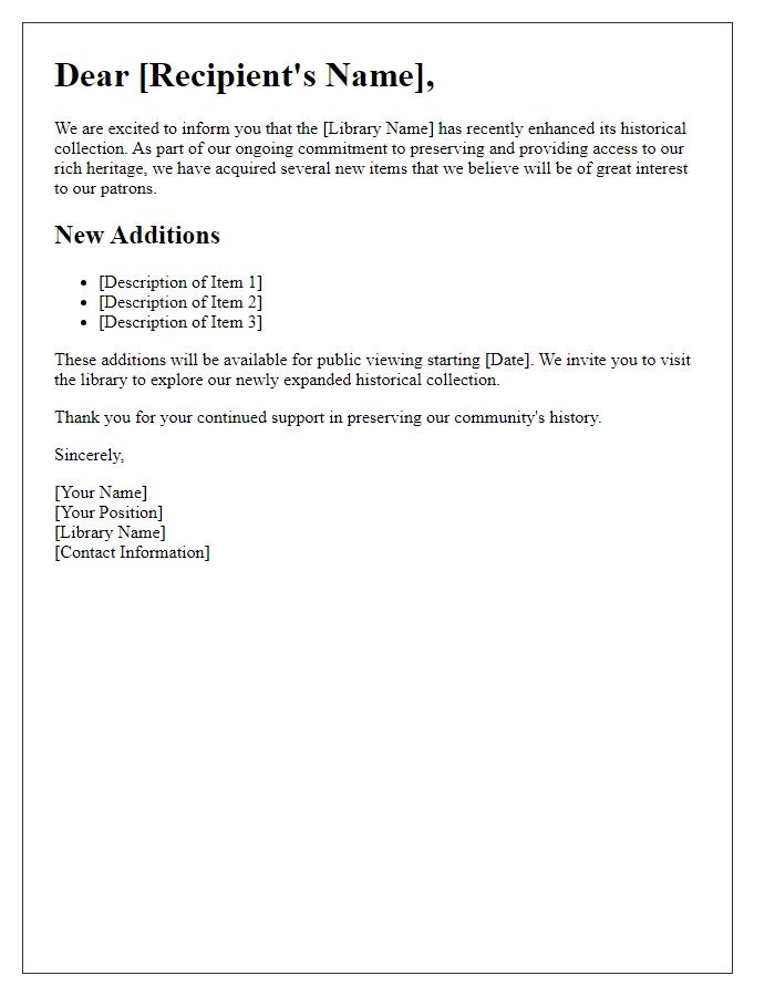 Letter template of library historical collection enhancement notification