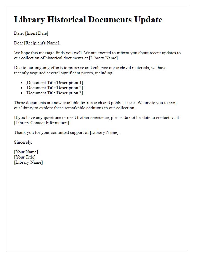 Letter template of library historical documents update communication