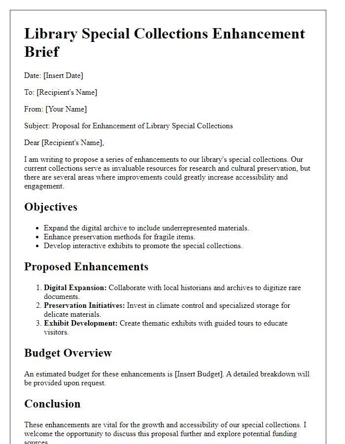 Letter template of library special collections enhancement brief