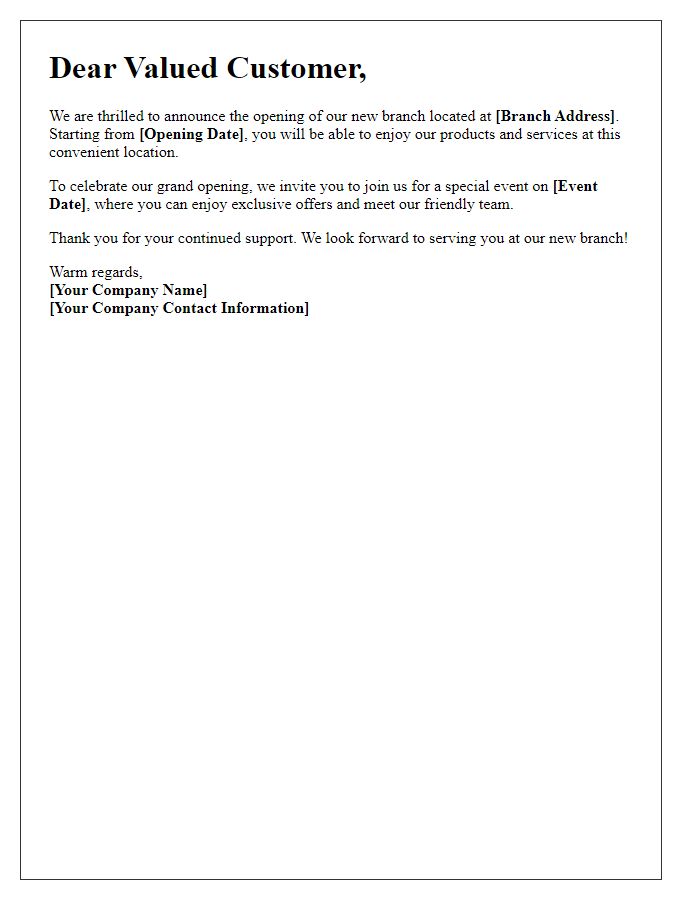 Letter template of branch opening announcement to customers