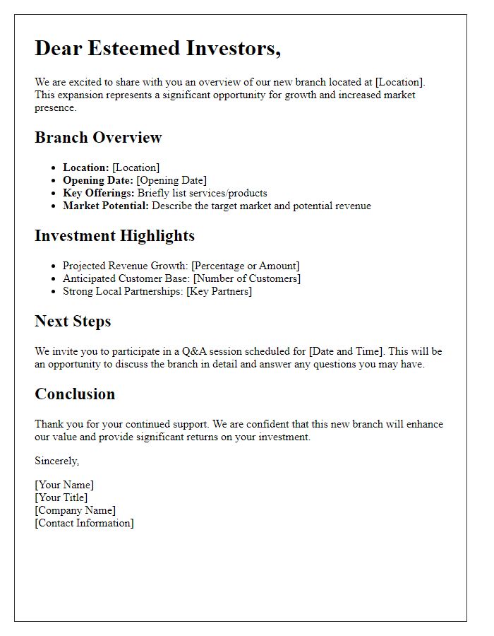 Letter template of new branch overview for investors